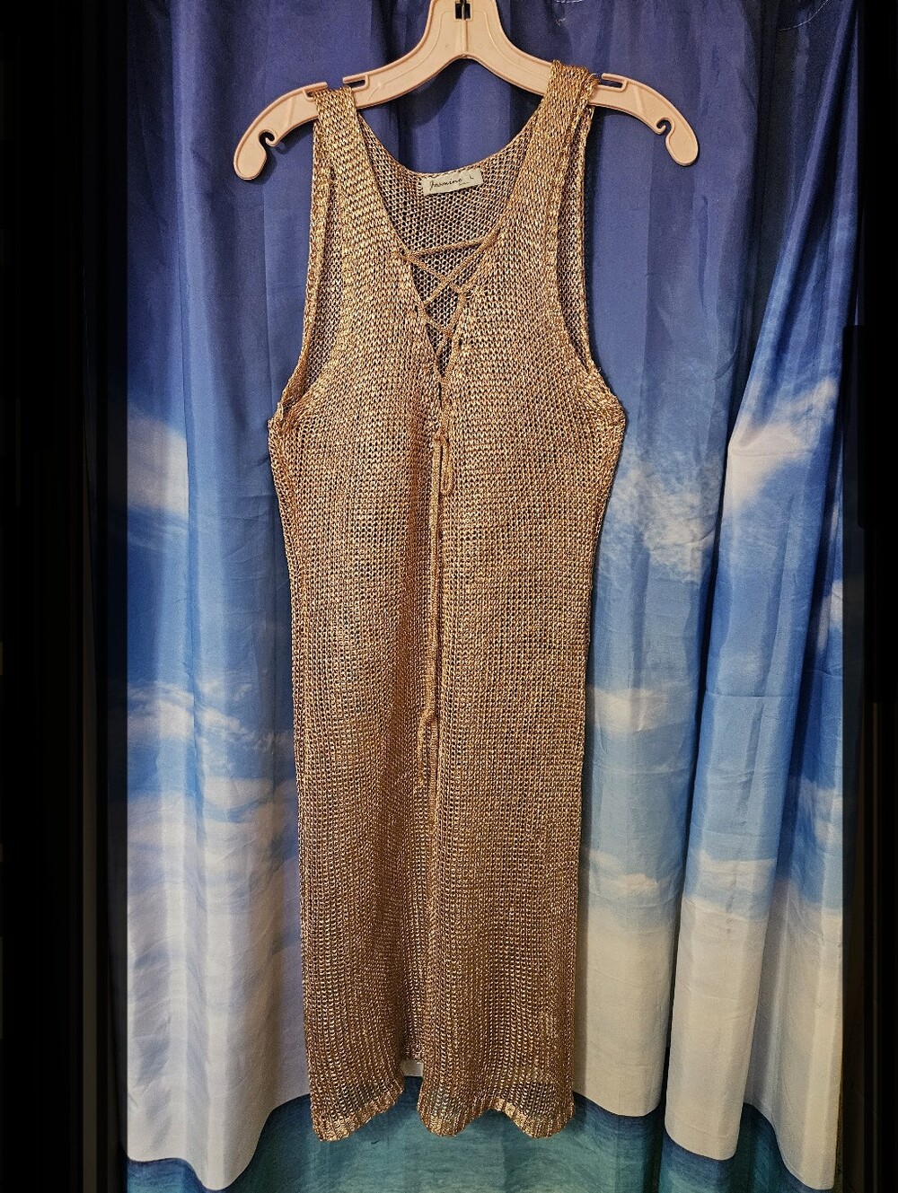 Sleeveless Knit Metallic Gold Maxi Dress with Lace-Up Front, Pretty on the Beach